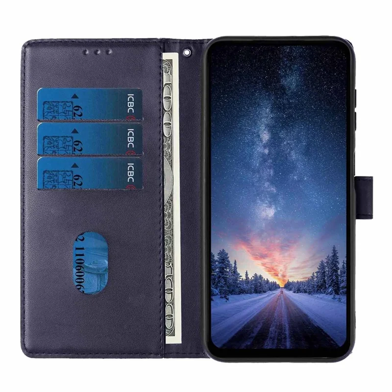 For iPhone Air Stand Case Tree-and-Cat Pattern PU Leather Wallet Protective Phone Cover with Wrist Strap - Blue