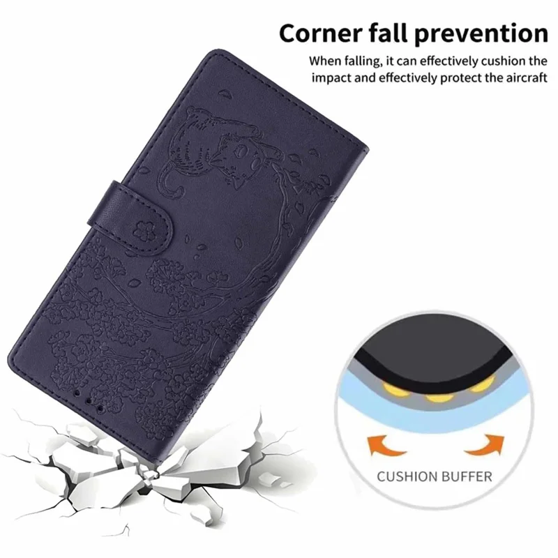 For iPhone Air Stand Case Tree-and-Cat Pattern PU Leather Wallet Protective Phone Cover with Wrist Strap - Blue
