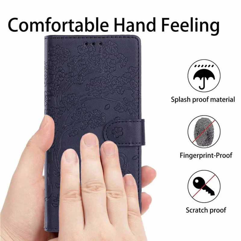 For iPhone Air Stand Case Tree-and-Cat Pattern PU Leather Wallet Protective Phone Cover with Wrist Strap - Blue
