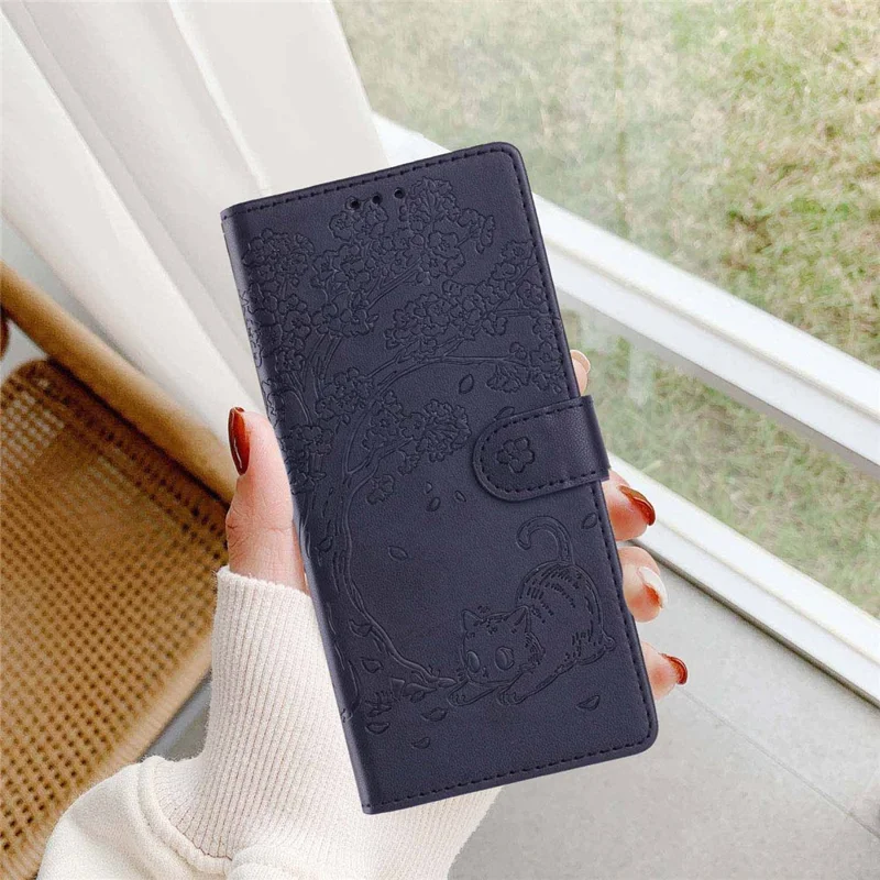 For iPhone Air Stand Case Tree-and-Cat Pattern PU Leather Wallet Protective Phone Cover with Wrist Strap - Blue