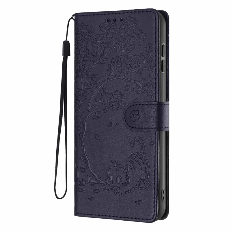 For iPhone Air Stand Case Tree-and-Cat Pattern PU Leather Wallet Protective Phone Cover with Wrist Strap - Blue