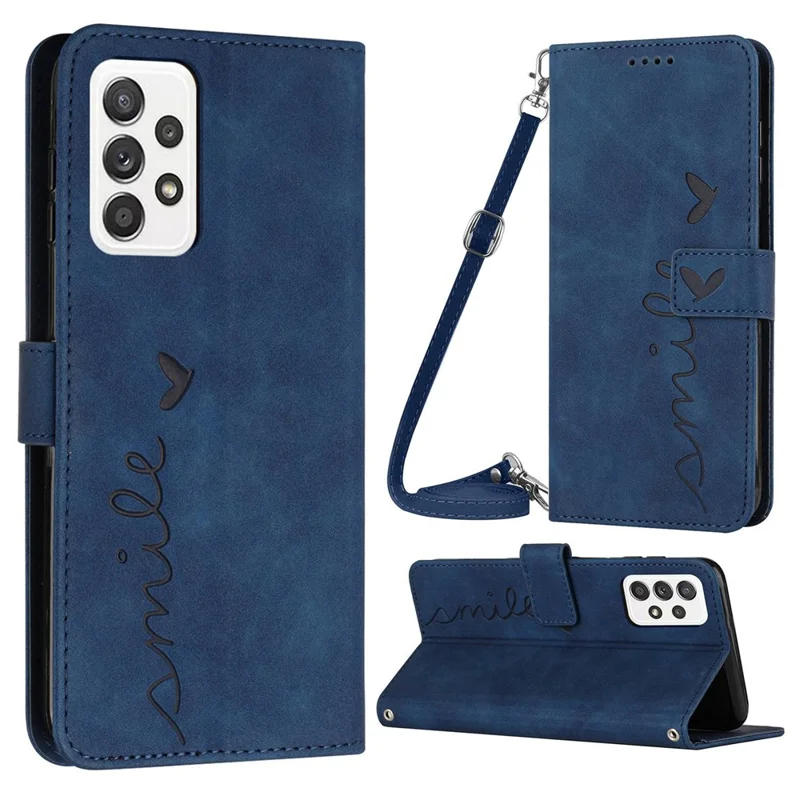 Für Samsung Galaxy A23 4G / A23 5G (globale Version) / F23 5G / M23 5G / M13 4G Flip PU-Leder-Telefonhülle - Touchgefühl, Herz-Prägung, Wallet-Ständer-Etui mit Schultergurt - Saphir