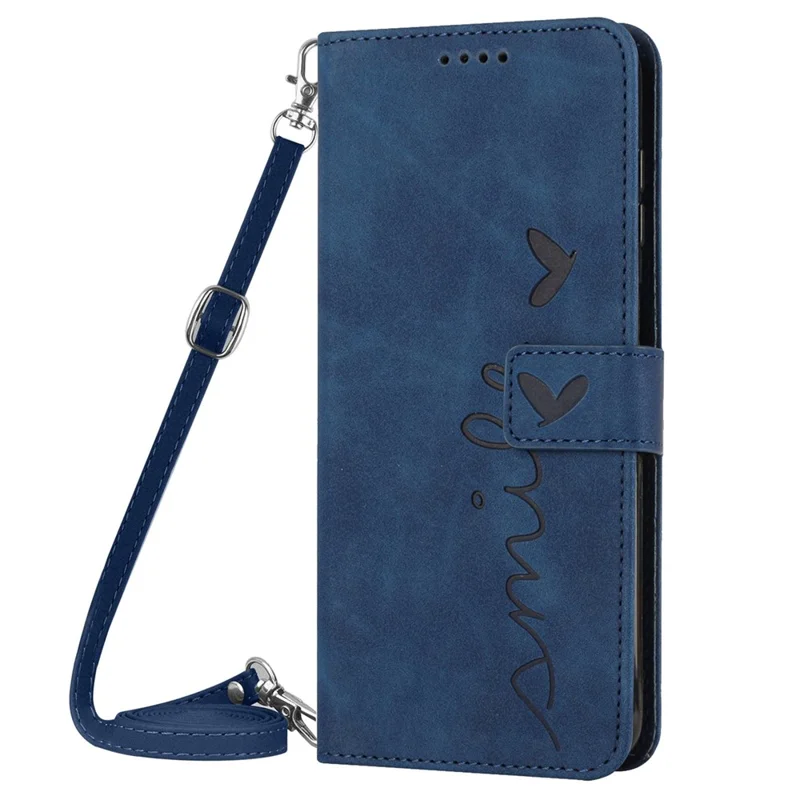 Für Samsung Galaxy A23 4G / A23 5G (globale Version) / F23 5G / M23 5G / M13 4G Flip PU-Leder-Telefonhülle - Touchgefühl, Herz-Prägung, Wallet-Ständer-Etui mit Schultergurt - Saphir