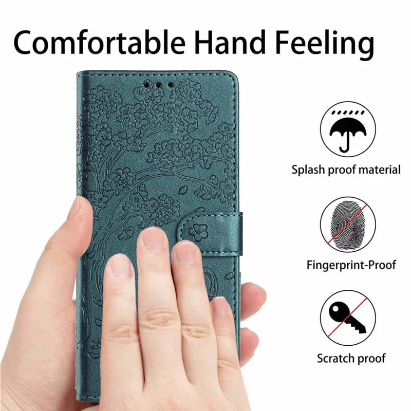For iPhone 17 Pro Max Stand Case Tree-and-Cat Pattern PU Leather Wallet Protective Phone Cover with Wrist Strap - Blackish Green