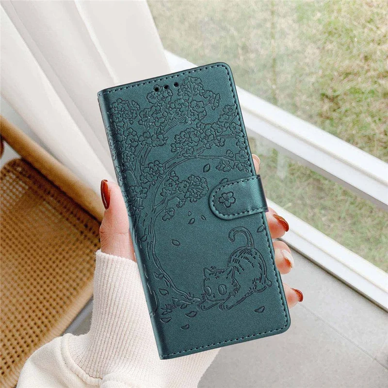 For iPhone 17 Pro Max Stand Case Tree-and-Cat Pattern PU Leather Wallet Protective Phone Cover with Wrist Strap - Blackish Green