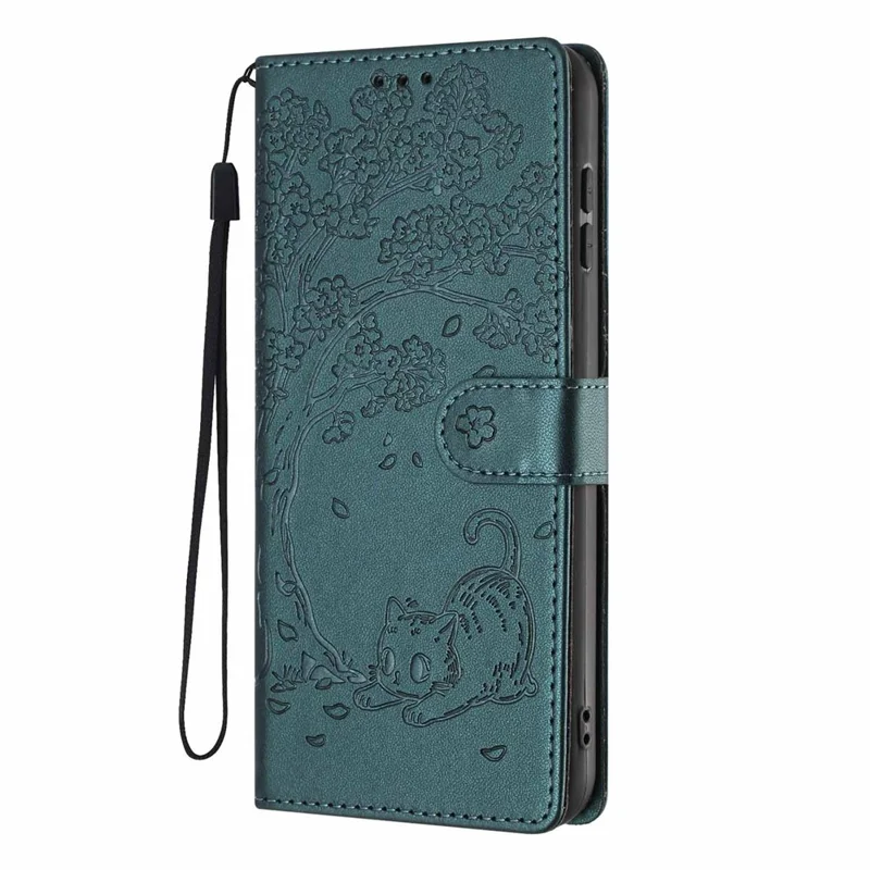 For iPhone 17 Pro Max Stand Case Tree-and-Cat Pattern PU Leather Wallet Protective Phone Cover with Wrist Strap - Blackish Green