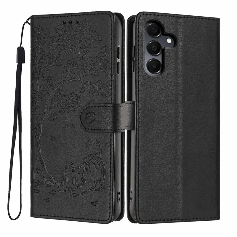 Stand Case For Samsung Galaxy A16 4G  /  A16 5G Tree-and-Cat Pattern PU Leather Wallet Protective Phone Cover with Wrist Strap   - Black
