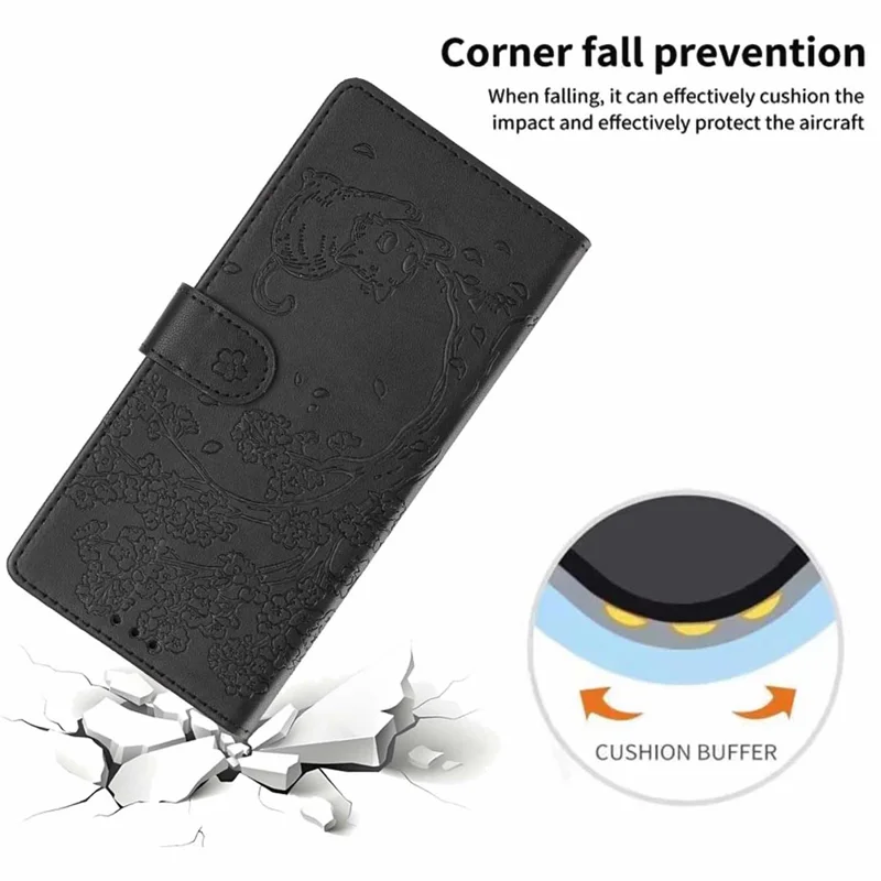 Stand Case For Samsung Galaxy A16 4G  /  A16 5G Tree-and-Cat Pattern PU Leather Wallet Protective Phone Cover with Wrist Strap   - Black