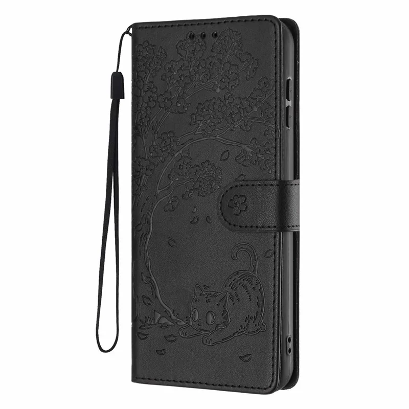 Stand Case For Samsung Galaxy A16 4G  /  A16 5G Tree-and-Cat Pattern PU Leather Wallet Protective Phone Cover with Wrist Strap   - Black