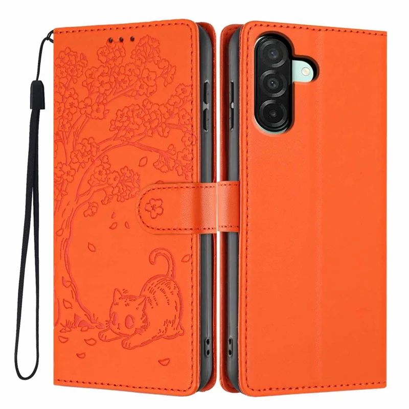 Stand Case For Samsung Galaxy A17 4G  /  A17 5G  /  A26 5G Tree-and-Cat Pattern PU Leather Wallet Protective Phone Cover with Wrist Strap - Orange
