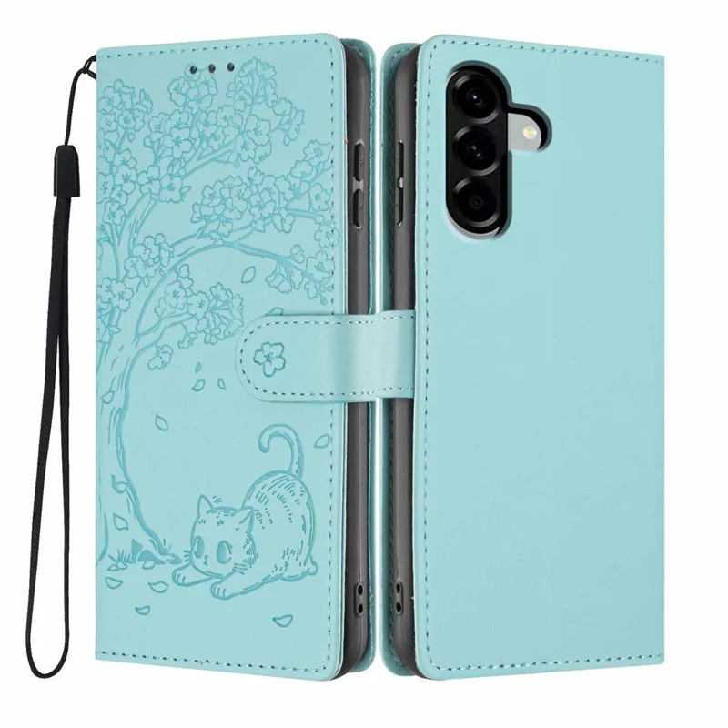 For Samsung Galaxy A36 5G Stand Case Tree-and-Cat Pattern PU Leather Wallet Protective Phone Cover with Wrist Strap - Light Green