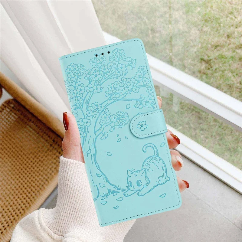 For Samsung Galaxy A36 5G Stand Case Tree-and-Cat Pattern PU Leather Wallet Protective Phone Cover with Wrist Strap - Light Green