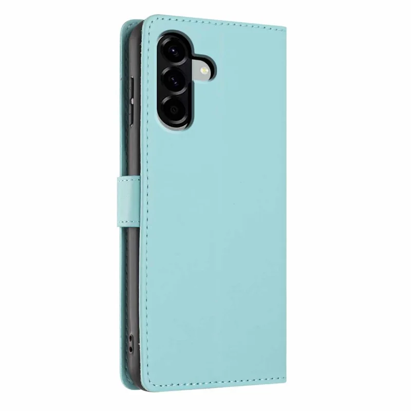 For Samsung Galaxy A56 5G Stand Case Tree-and-Cat Pattern PU Leather Wallet Protective Phone Cover with Wrist Strap - Light Green