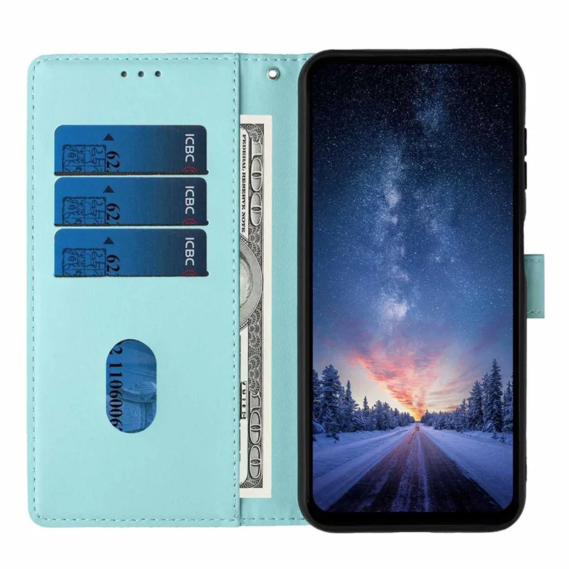 For Samsung Galaxy A56 5G Stand Case Tree-and-Cat Pattern PU Leather Wallet Protective Phone Cover with Wrist Strap - Light Green