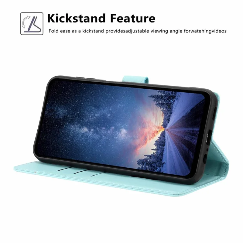 For Samsung Galaxy A56 5G Stand Case Tree-and-Cat Pattern PU Leather Wallet Protective Phone Cover with Wrist Strap - Light Green