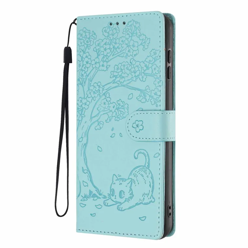 For Samsung Galaxy A56 5G Stand Case Tree-and-Cat Pattern PU Leather Wallet Protective Phone Cover with Wrist Strap - Light Green