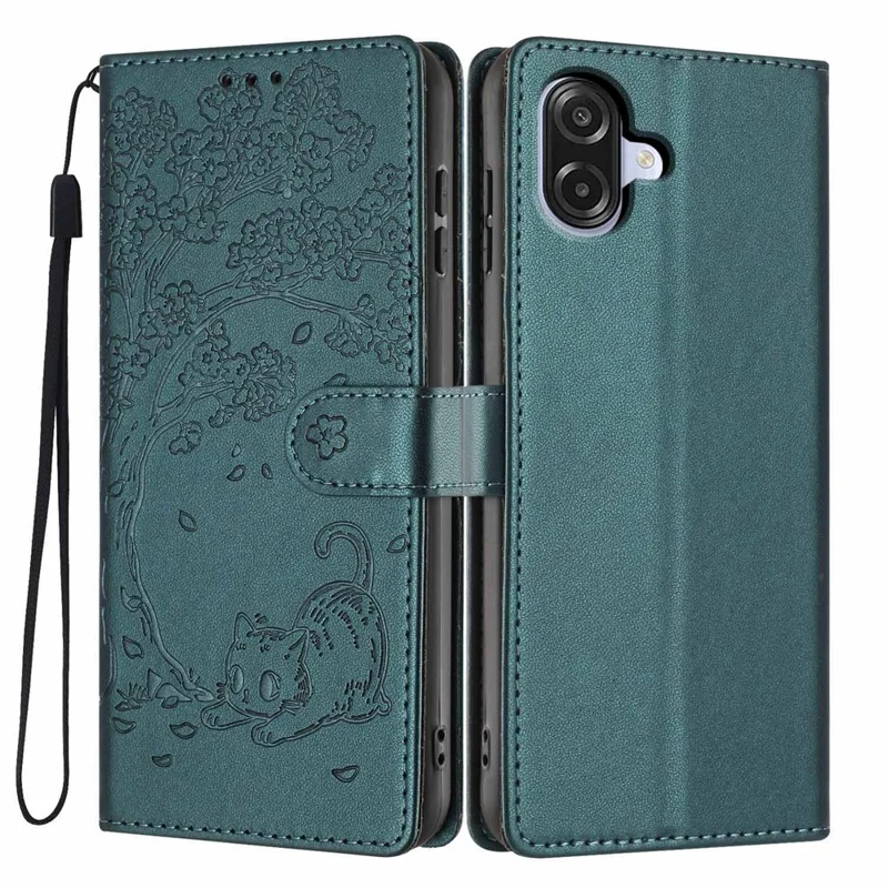 Stand Case For Samsung Galaxy A07 4G  /  A07 5G Tree-and-Cat Pattern PU Leather Wallet Protective Phone Cover with Wrist Strap - Blackish Green