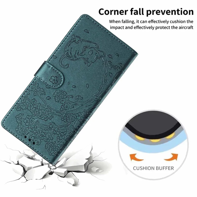 Stand Case For Samsung Galaxy A07 4G  /  A07 5G Tree-and-Cat Pattern PU Leather Wallet Protective Phone Cover with Wrist Strap - Blackish Green