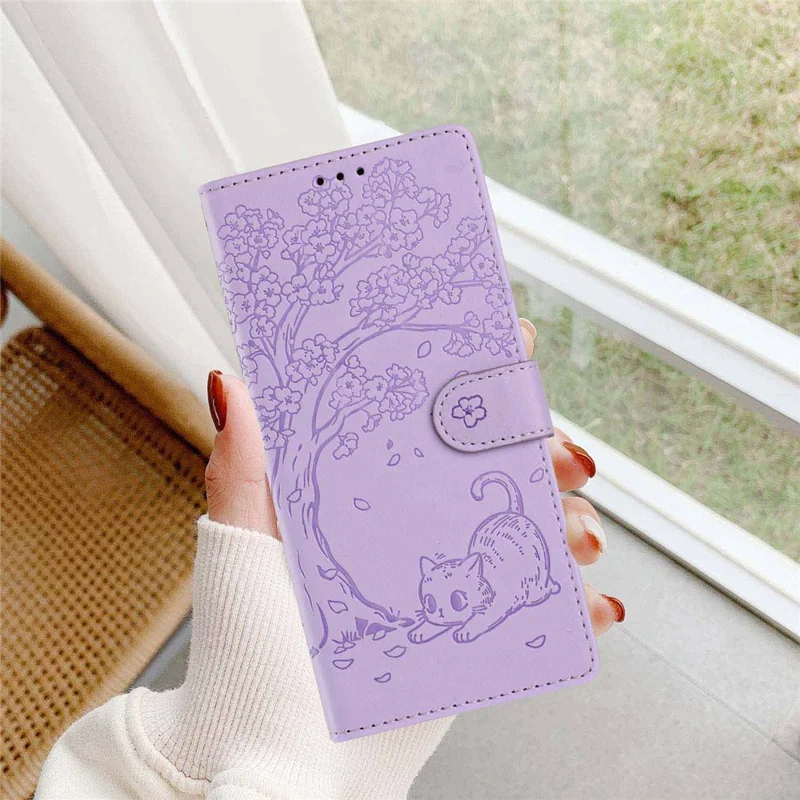 For Samsung Galaxy A37 5G Stand Case Tree-and-Cat Pattern PU Leather Wallet Protective Phone Cover with Wrist Strap - Purple