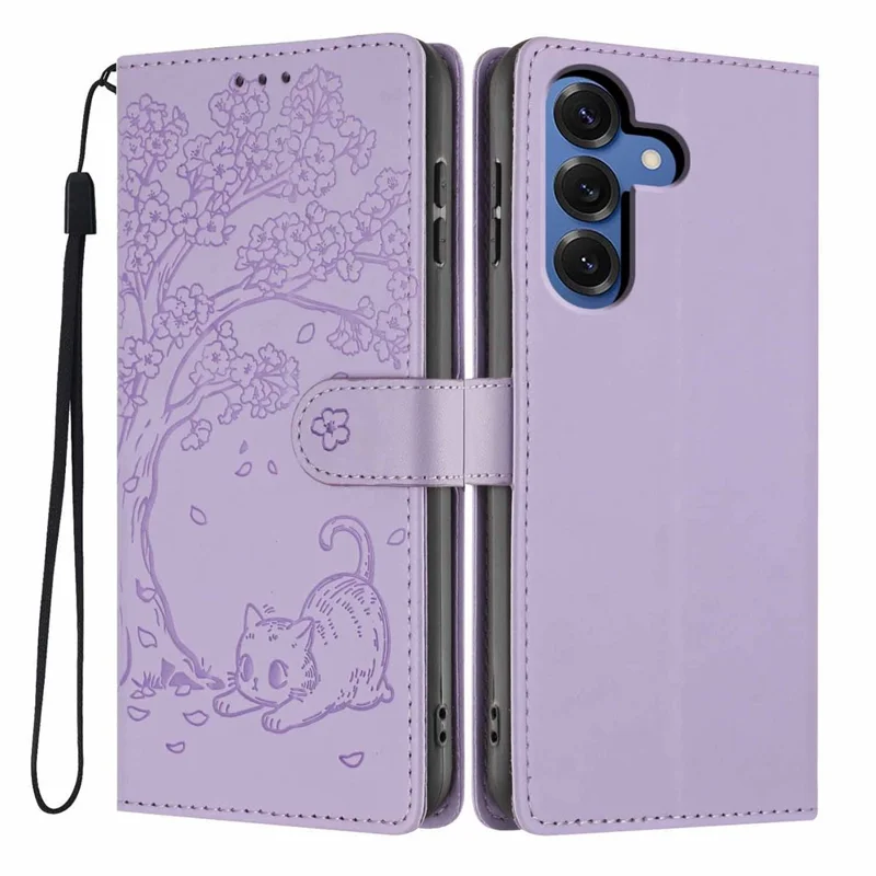 For Samsung Galaxy A57 5G Stand Case Tree-and-Cat Pattern PU Leather Wallet Protective Phone Cover with Wrist Strap - Purple