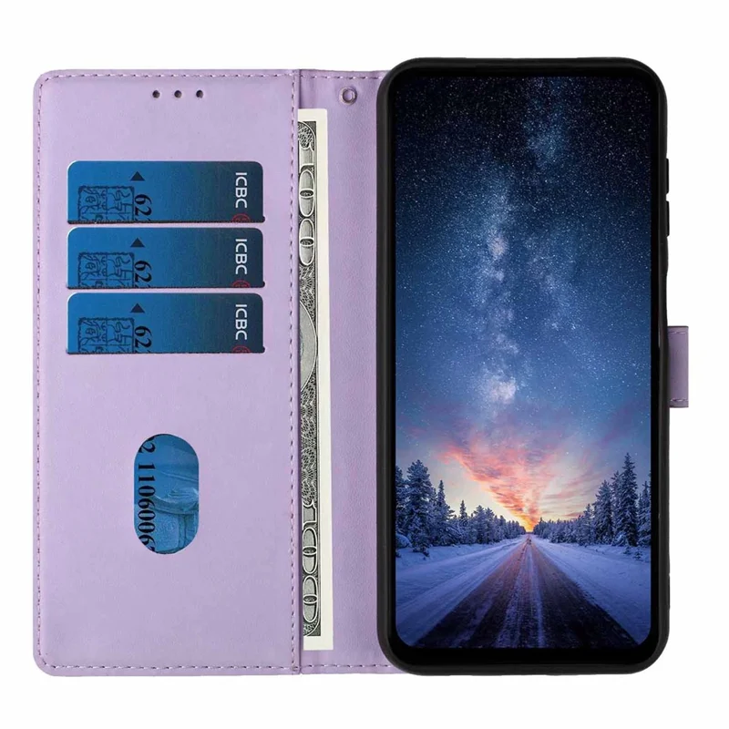 For Samsung Galaxy A57 5G Stand Case Tree-and-Cat Pattern PU Leather Wallet Protective Phone Cover with Wrist Strap - Purple