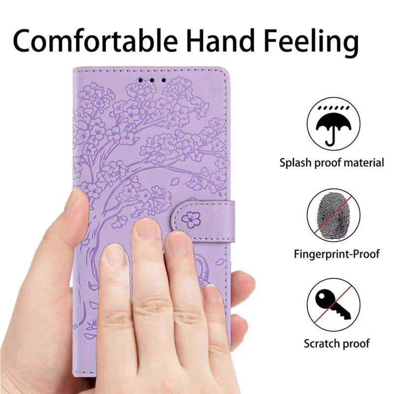 For Samsung Galaxy A57 5G Stand Case Tree-and-Cat Pattern PU Leather Wallet Protective Phone Cover with Wrist Strap - Purple