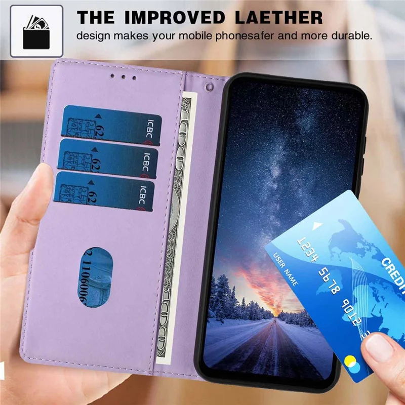 For Samsung Galaxy A57 5G Stand Case Tree-and-Cat Pattern PU Leather Wallet Protective Phone Cover with Wrist Strap - Purple