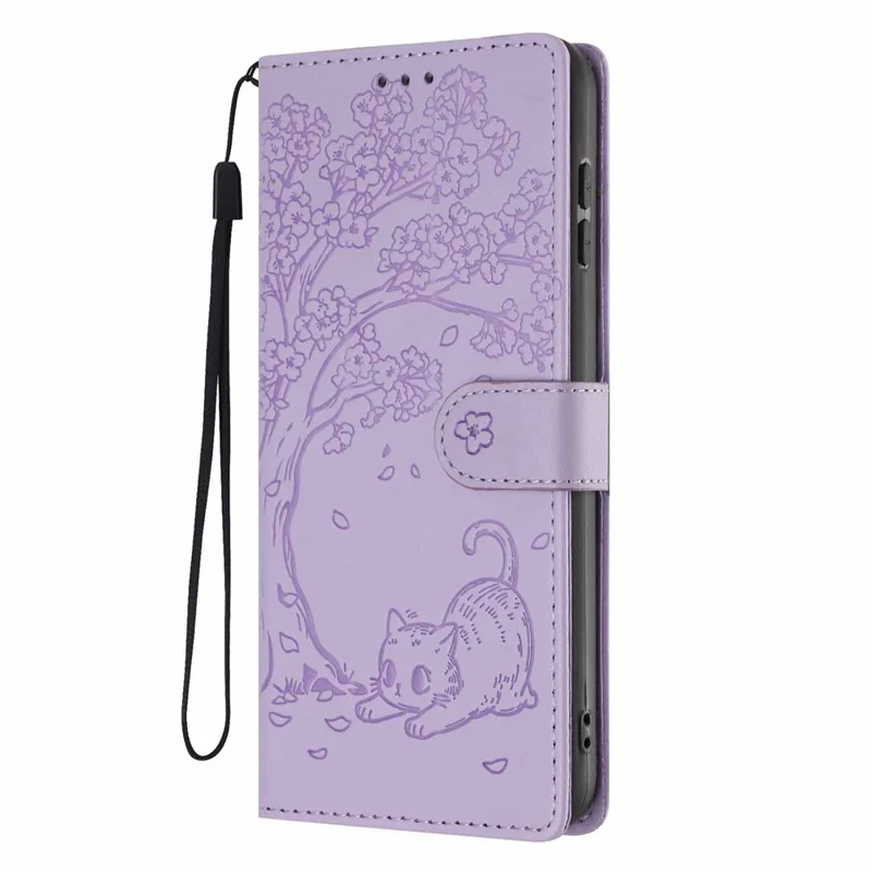 For Samsung Galaxy A57 5G Stand Case Tree-and-Cat Pattern PU Leather Wallet Protective Phone Cover with Wrist Strap - Purple