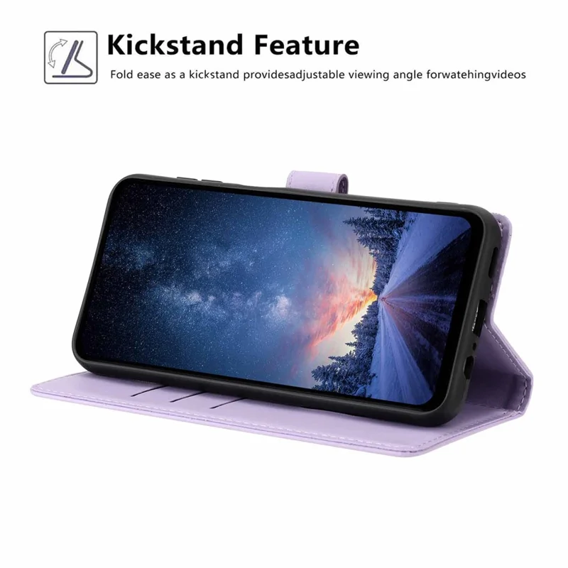 For Samsung Galaxy S26+ Stand Case Tree-and-Cat Pattern PU Leather Wallet Protective Phone Cover with Wrist Strap - Purple