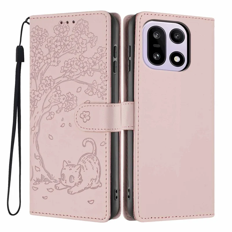 For OnePlus 15 5G Stand Case Tree-and-Cat Pattern PU Leather Wallet Protective Phone Cover with Wrist Strap - Pink