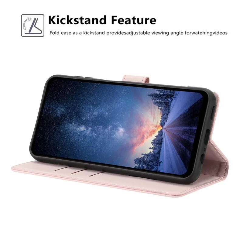 For OnePlus 15 5G Stand Case Tree-and-Cat Pattern PU Leather Wallet Protective Phone Cover with Wrist Strap - Pink