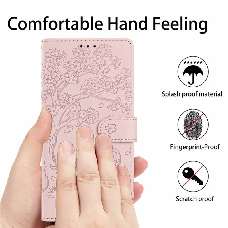 For OnePlus 15 5G Stand Case Tree-and-Cat Pattern PU Leather Wallet Protective Phone Cover with Wrist Strap - Pink