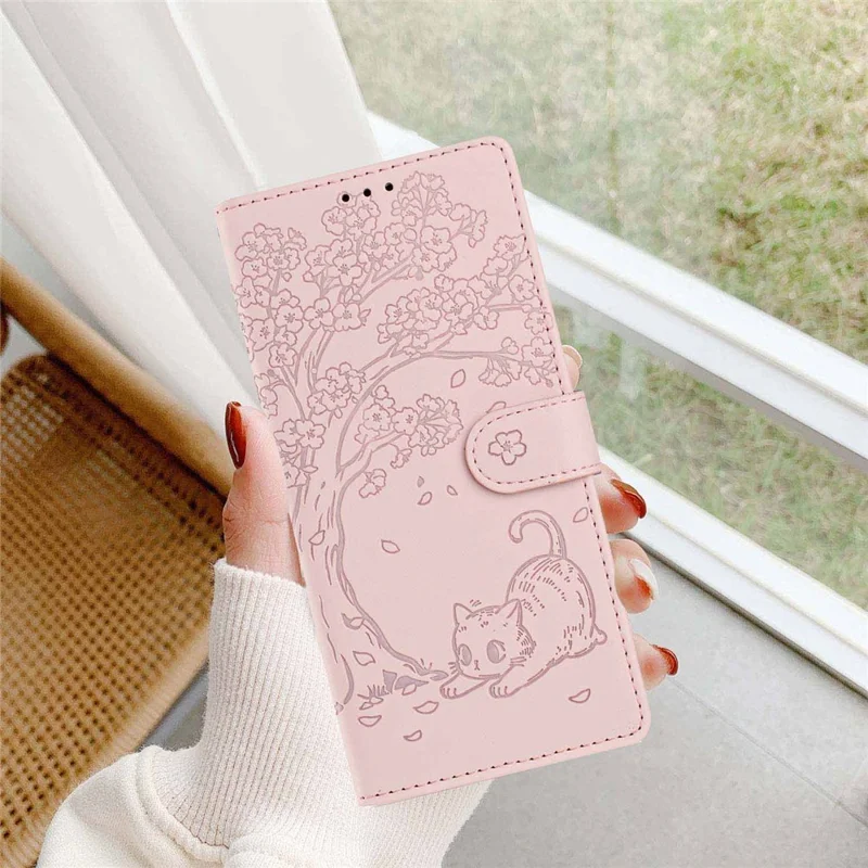 For OnePlus 15 5G Stand Case Tree-and-Cat Pattern PU Leather Wallet Protective Phone Cover with Wrist Strap - Pink