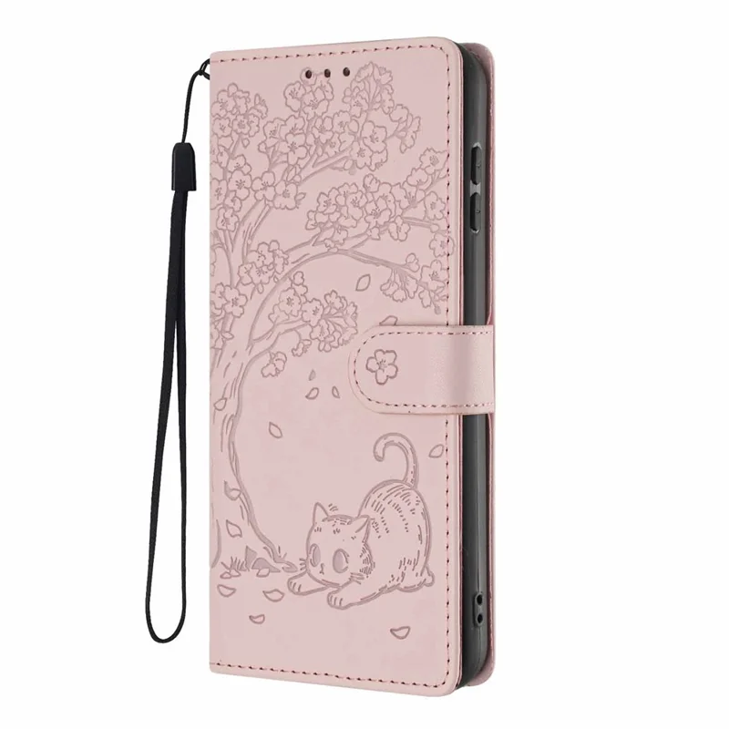 For OnePlus 15 5G Stand Case Tree-and-Cat Pattern PU Leather Wallet Protective Phone Cover with Wrist Strap - Pink