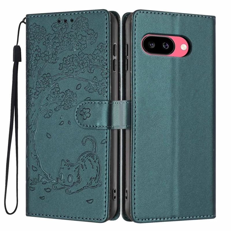 For Google Pixel 10a Stand Case Tree-and-Cat Pattern PU Leather Wallet Protective Phone Cover with Wrist Strap - Blackish Green