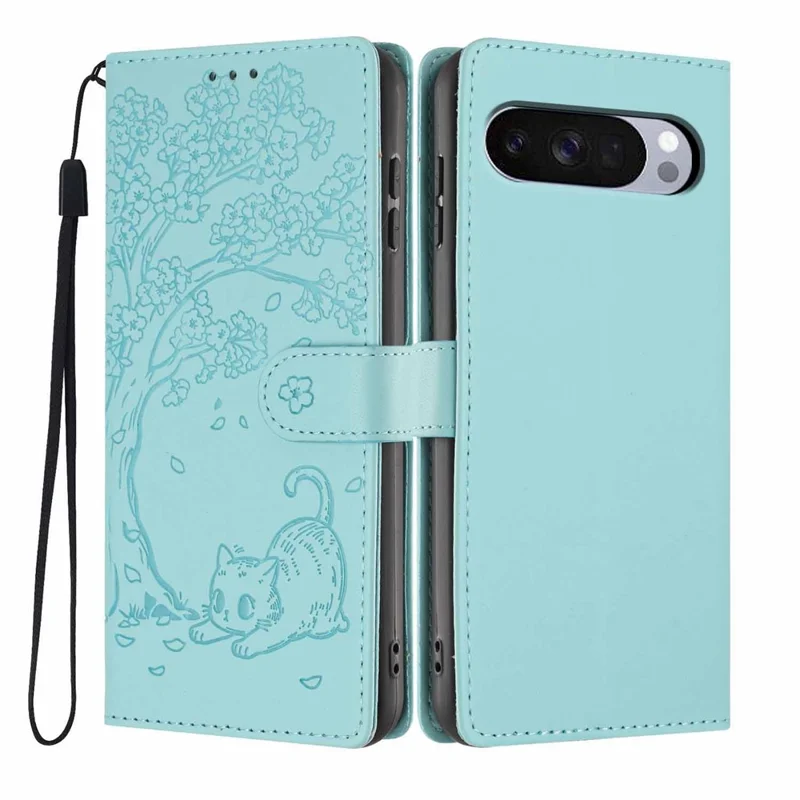 Stand Case For Google Pixel 10  /  10 Pro  /  9  /  9 Pro Tree-and-Cat Pattern PU Leather Wallet Protective Phone Cover with Wrist Strap  - Light Green