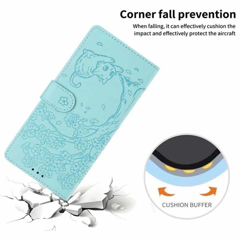 Stand Case For Google Pixel 10  /  10 Pro  /  9  /  9 Pro Tree-and-Cat Pattern PU Leather Wallet Protective Phone Cover with Wrist Strap  - Light Green