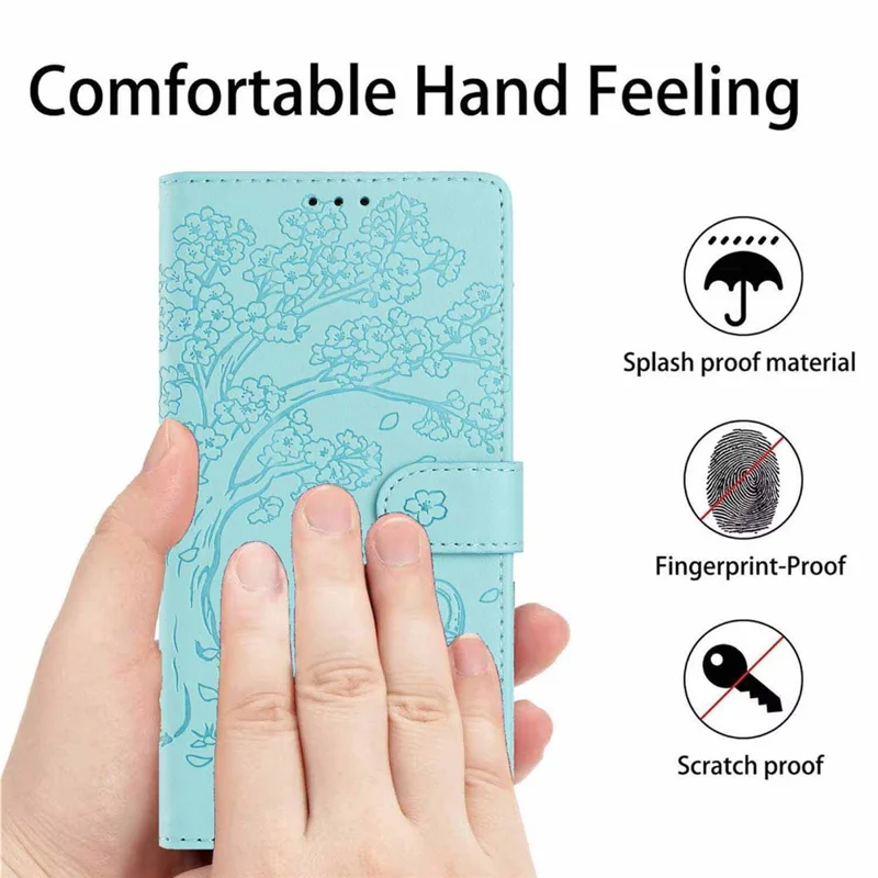 Stand Case For Google Pixel 10  /  10 Pro  /  9  /  9 Pro Tree-and-Cat Pattern PU Leather Wallet Protective Phone Cover with Wrist Strap  - Light Green