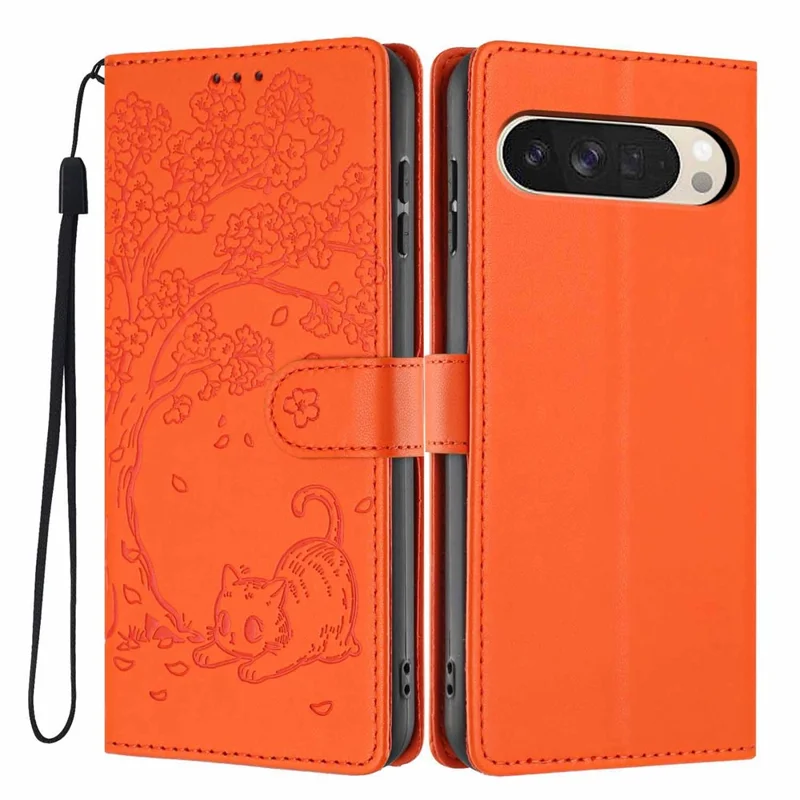Stand Case For Google Pixel 10 Pro XL  /  9 Pro XL Tree-and-Cat Pattern PU Leather Wallet Protective Phone Cover with Wrist Strap  - Orange