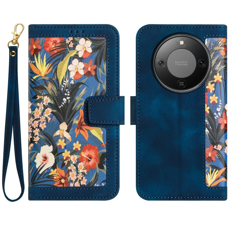 PU Leather Case for Honor Magic8 Lite 5G / X9d 5G / X70 5G Floral Phone Cover with Card Slots - Dark Blue