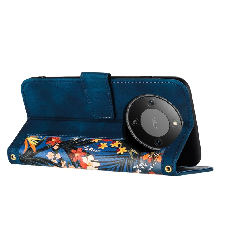 PU Leather Case for Honor Magic8 Lite 5G / X9d 5G / X70 5G Floral Phone Cover with Card Slots - Dark Blue