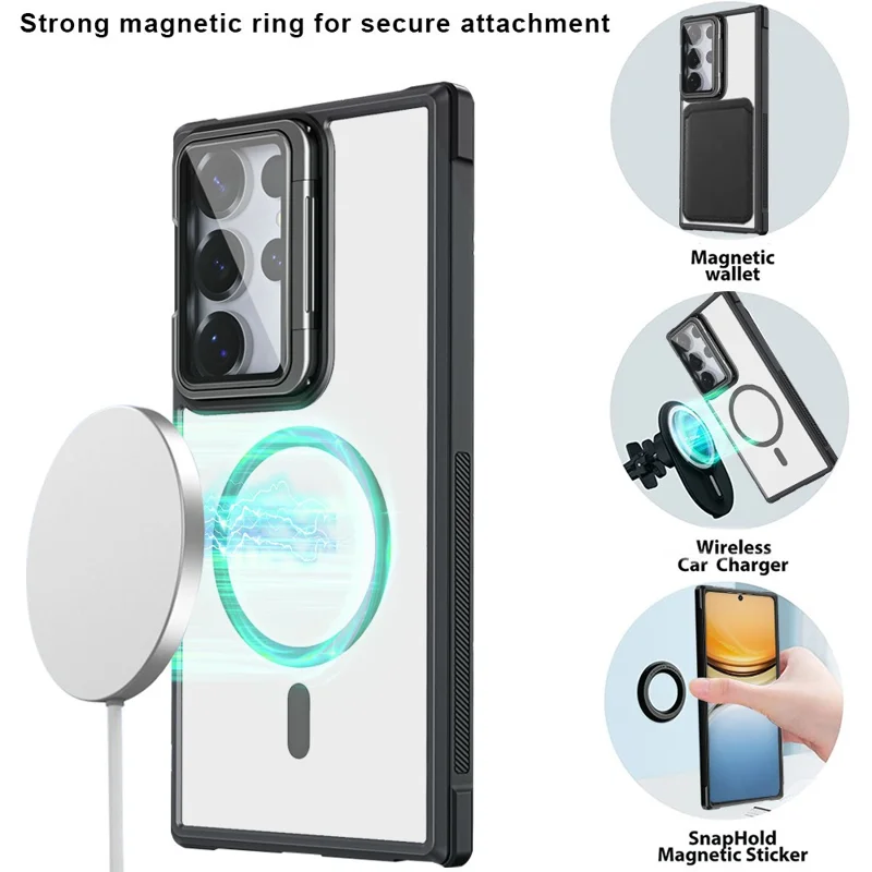 For Samsung Galaxy S26 Ultra Magnetic Case Clear Back Cover with Lens Cover Kickstand  - Black