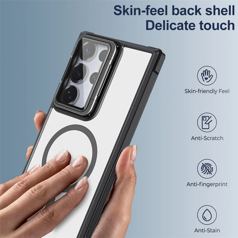 For Samsung Galaxy S26 Ultra Magnetic Case Clear Back Cover with Lens Cover Kickstand  - Black