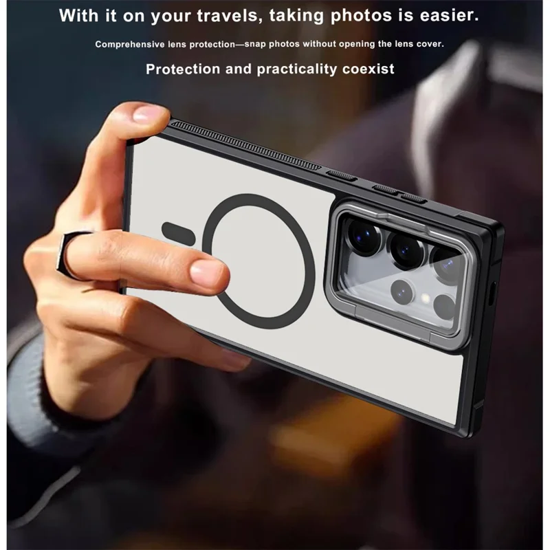 For Samsung Galaxy S26 Ultra Magnetic Case Clear Back Cover with Lens Cover Kickstand  - Black