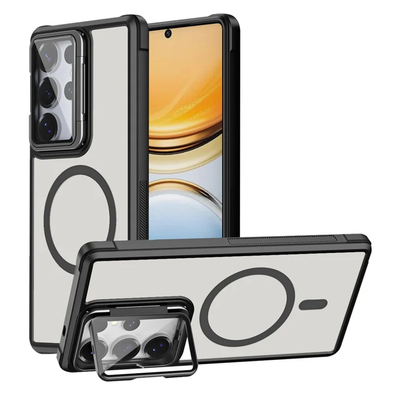 For Samsung Galaxy S26 Ultra Magnetic Case Lens Cover Kickstand Matte Back Cover - Black