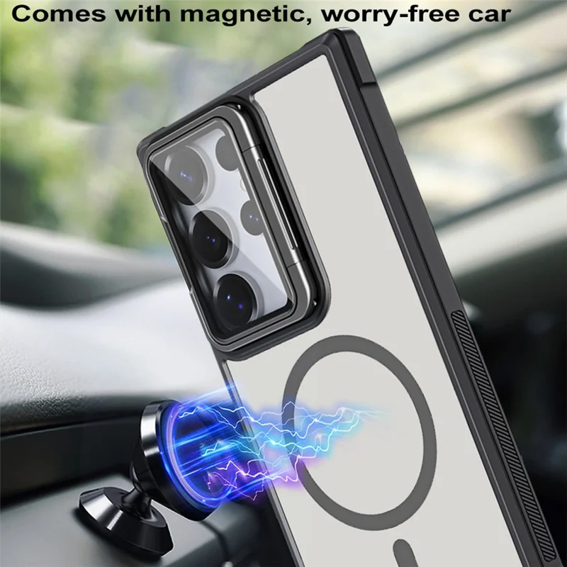 For Samsung Galaxy S26 Ultra Magnetic Case Lens Cover Kickstand Matte Back Cover - Black