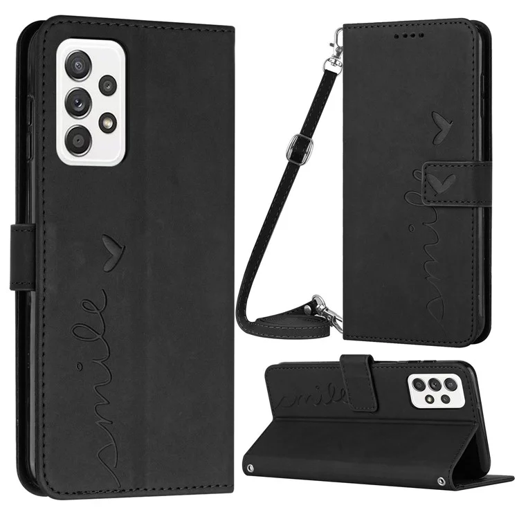 For Samsung Galaxy A73 5G Heart Shape Imprinted Wallet Adjustable Stand Case Skin-touch Feeling PU Leather Phone Cover with Shoulder Strap - Black