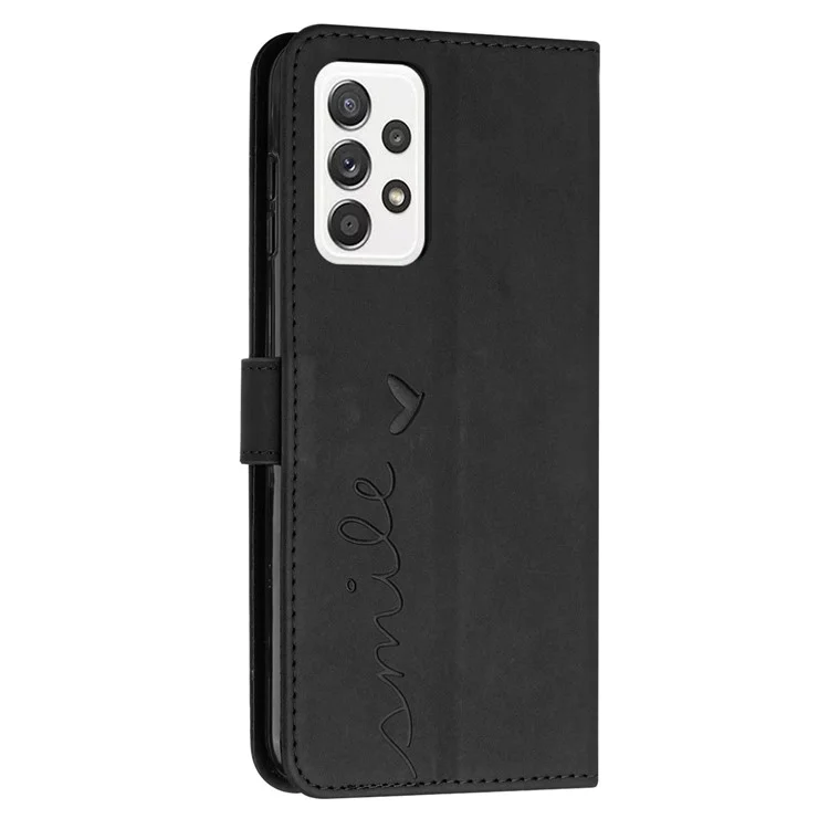 For Samsung Galaxy A73 5G Heart Shape Imprinted Wallet Adjustable Stand Case Skin-touch Feeling PU Leather Phone Cover with Shoulder Strap - Black