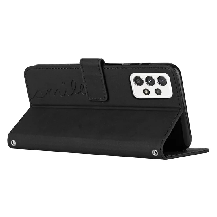 For Samsung Galaxy A73 5G Heart Shape Imprinted Wallet Adjustable Stand Case Skin-touch Feeling PU Leather Phone Cover with Shoulder Strap - Black
