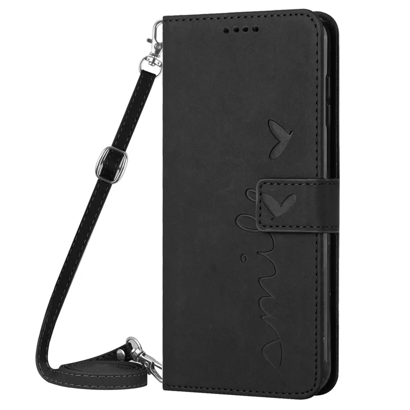 For Samsung Galaxy S23+ Heart Shape Imprinted Wallet Viewing Stand Case Skin-touch Feeling PU Leather Phone Cover with Shoulder Strap - Black